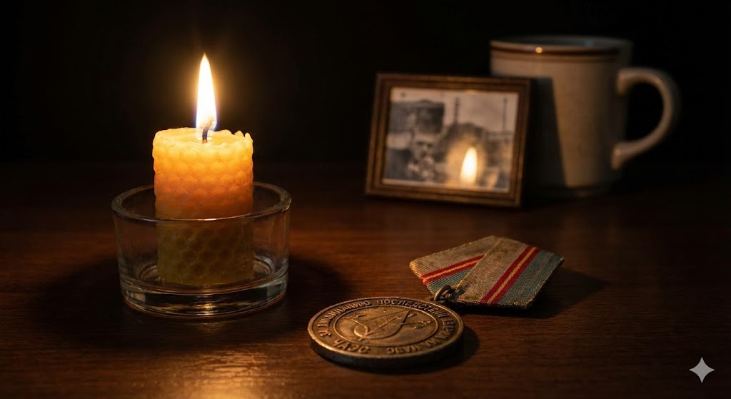 Медаль ликвидатора последствий аварии на ЧАЭС и горящая свеча