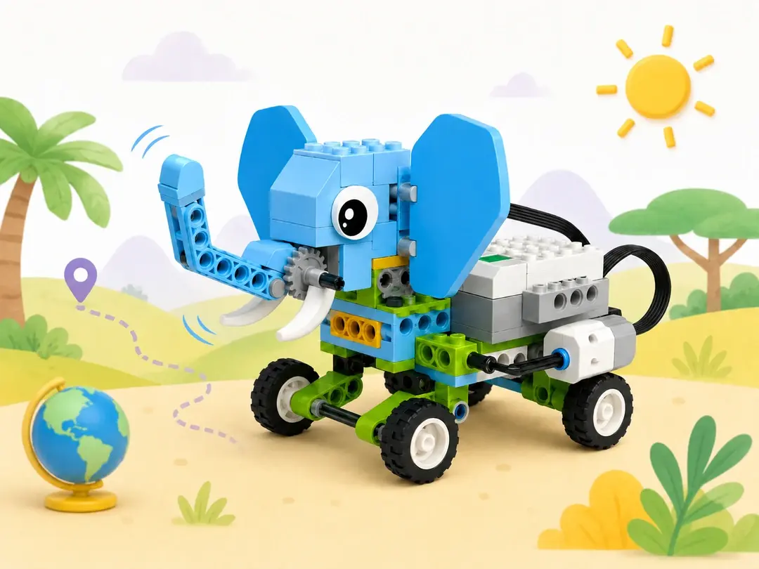 LEGO-робот в виде слона на фоне африканской саванны