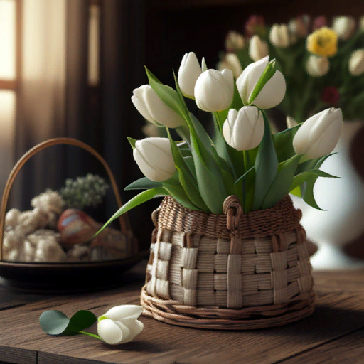 Белые тюльпаны на столе в плетенной композиции