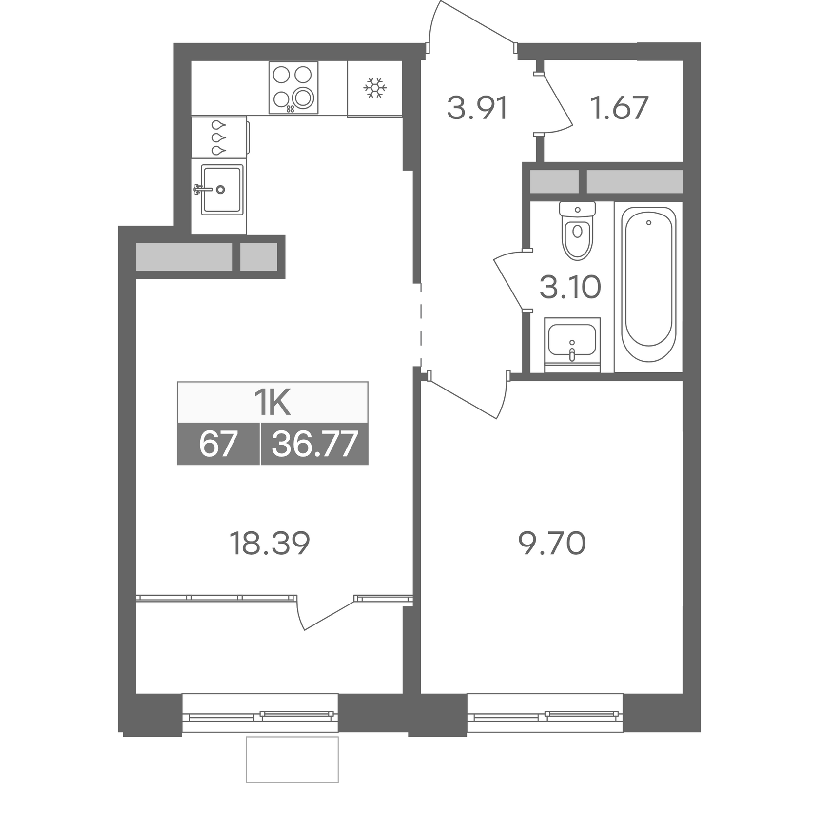 Планировка однокомнатной квартиры 36.77 м² в доме 1 ЖК Новая Жизнь