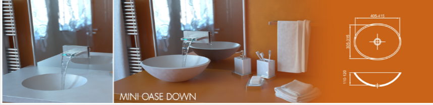 Раковина MINI OASE DOWN из акрилового камня, размеры: ширина 405–415 мм, глубина 325–335 мм, высота борта 120 мм. Компактная овальная форма, схема параметров и монтажа.