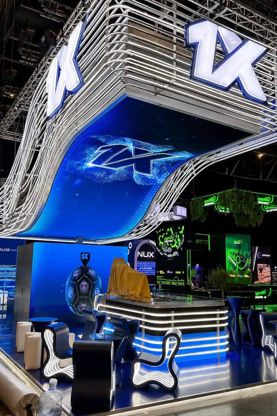 Activation space with neon lighting and interactive stations