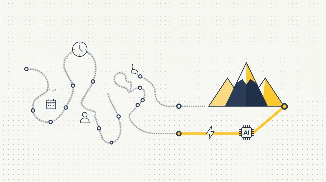 Flat editorial illustration showing two parallel timelines — a long winding manual path versus a short direct AI path — both arriving at the same revenue mountain, with yellow highlighting on the AI path.
