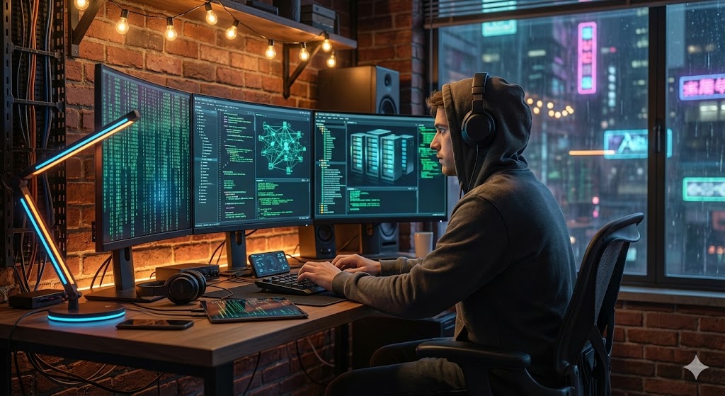 Разработчик за компьютером отмечает День веб-мастера 4 апреля на фоне мониторов с кодом