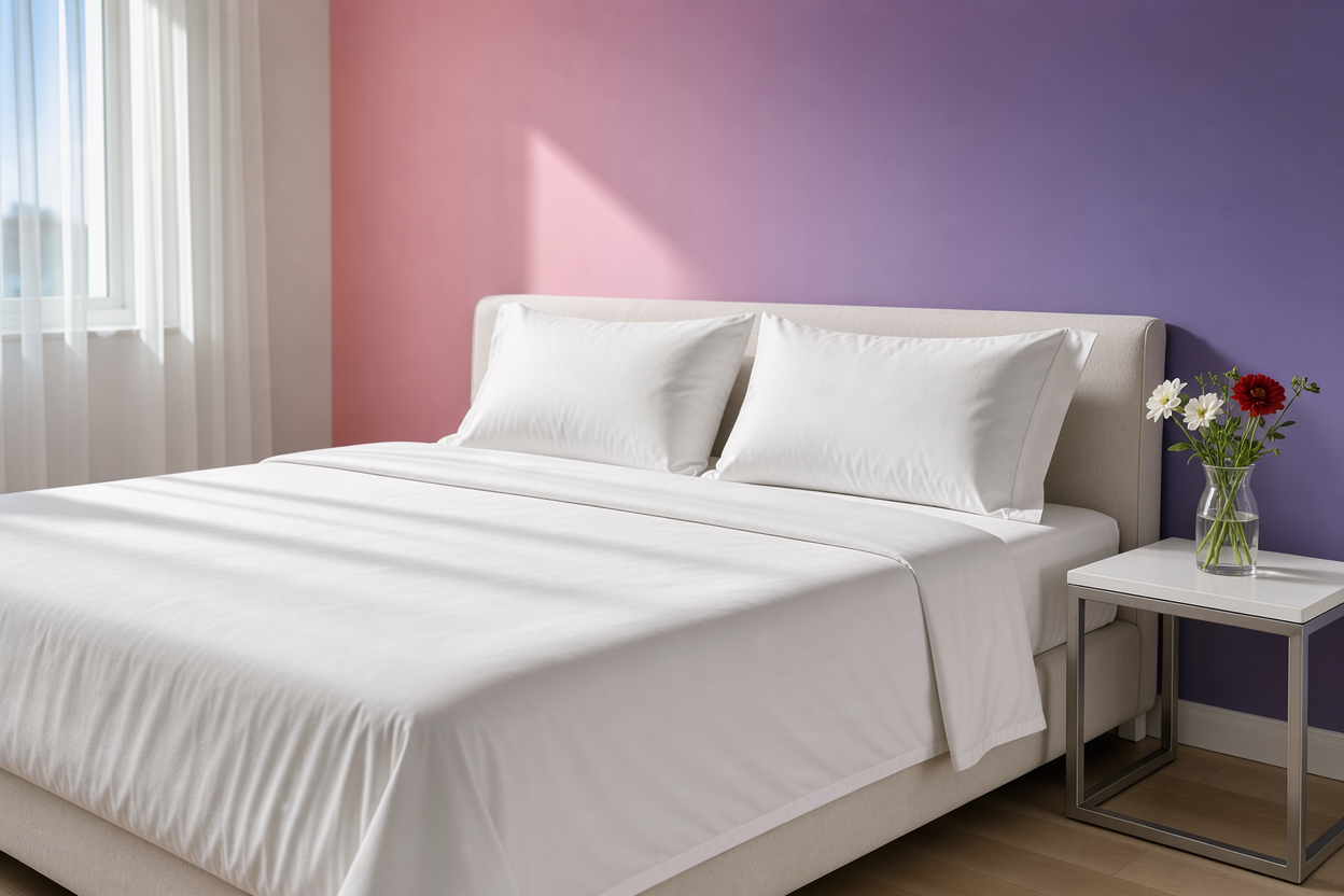 Freshly made bed with crisp white sheets and pillowcases, sunlight coming through a window, a small vase on a bedside table