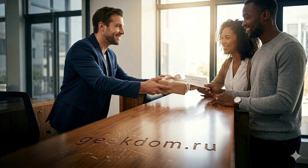 Международный день клиента: администратор вручает подарок счастливым посетителям в офисе.