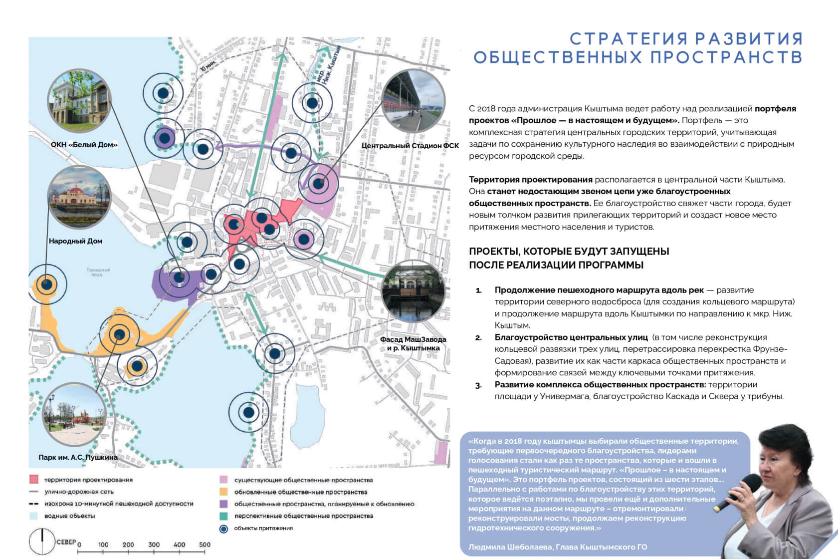 Исторический центр: городская площадь и набережная Кыштымки