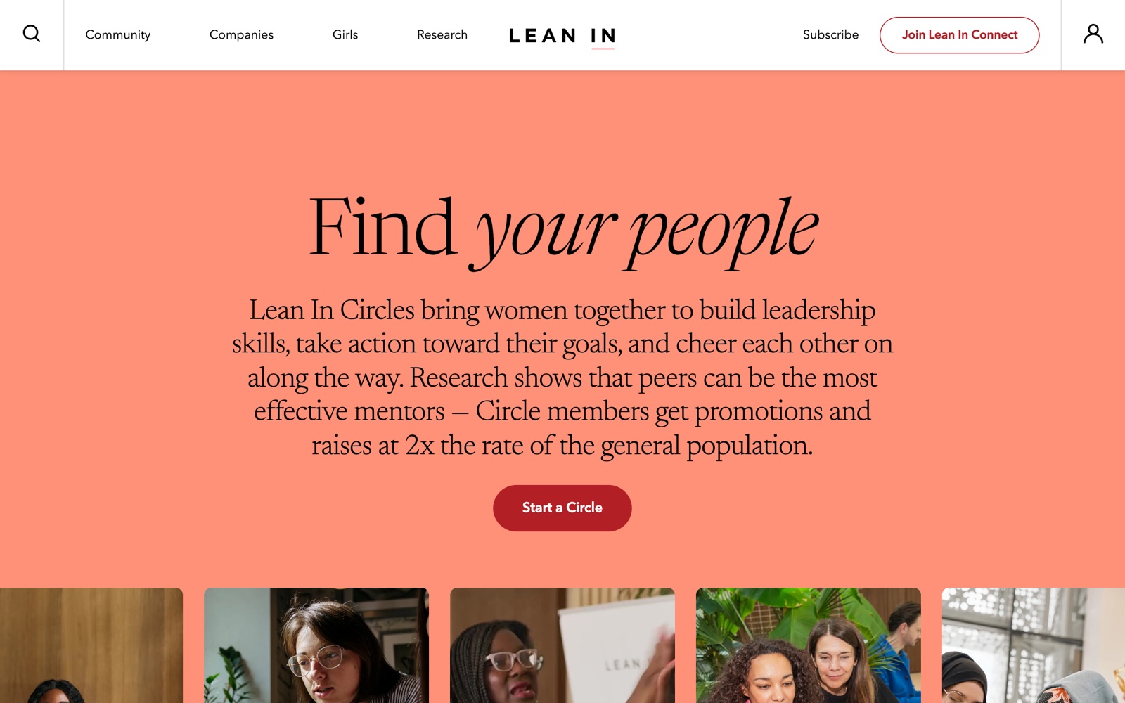 Lean In Circles page screenshot: peer groups for women