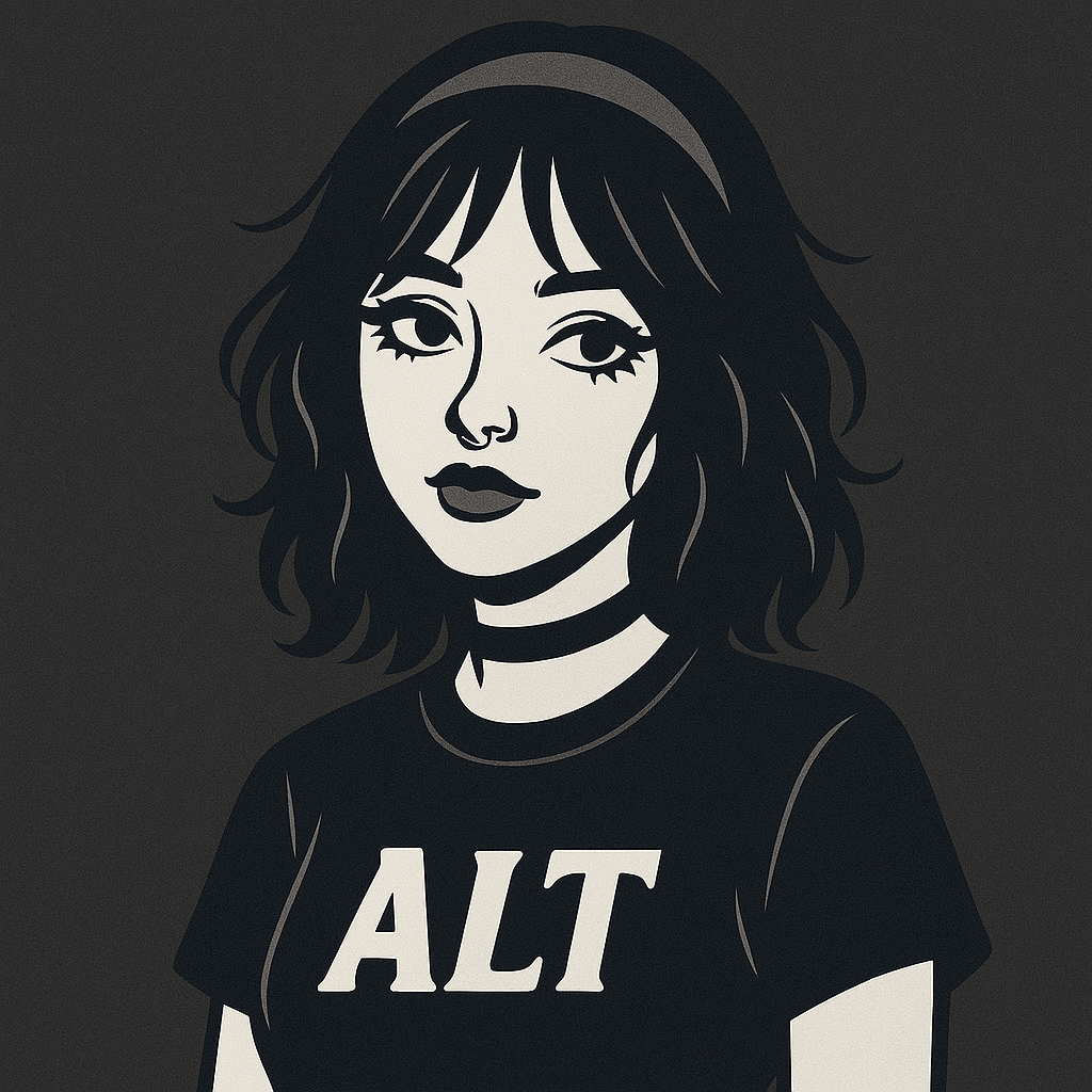 Арт в стиле digital illustration, изображающий альт-девушку: дерзкий взгляд, выразительные черты, тёмный макияж и готичный вайб. Чистый концентрат эстетики TikTok и Tumblr эпохи.