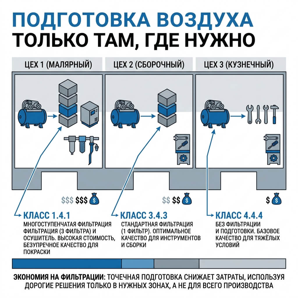 Децентрализованная подготовка сжатого воздуха: разные классы чистоты ISO 8573-1 для разных цехов