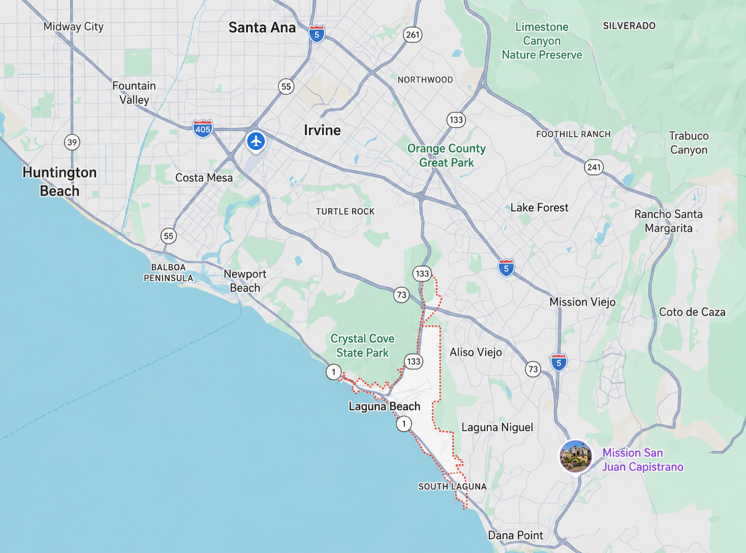 outdoor living pergola Orange County service area map near Laguna Beach