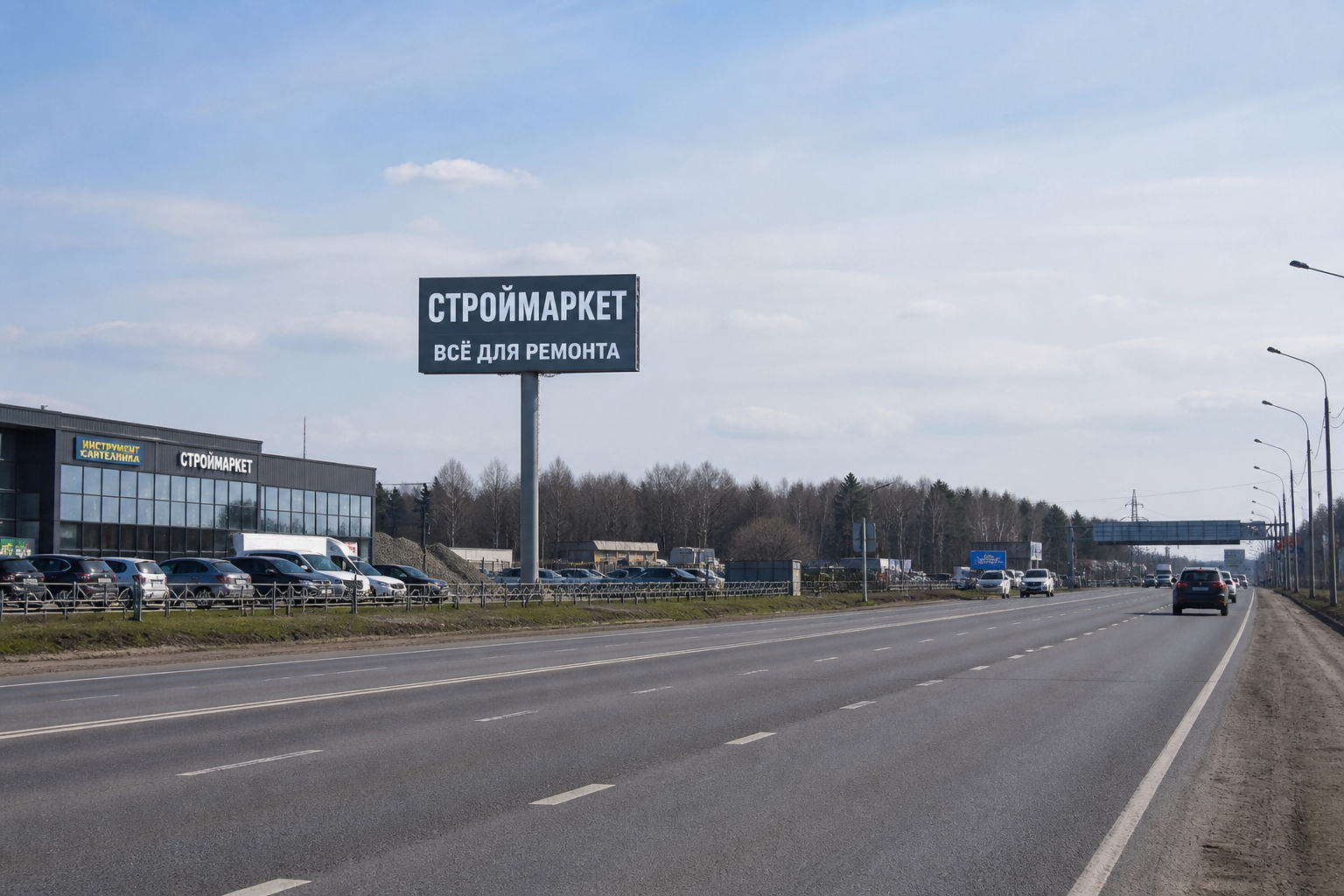 Крупная дорожная вывеска и фасад магазина с дальней точки обзора