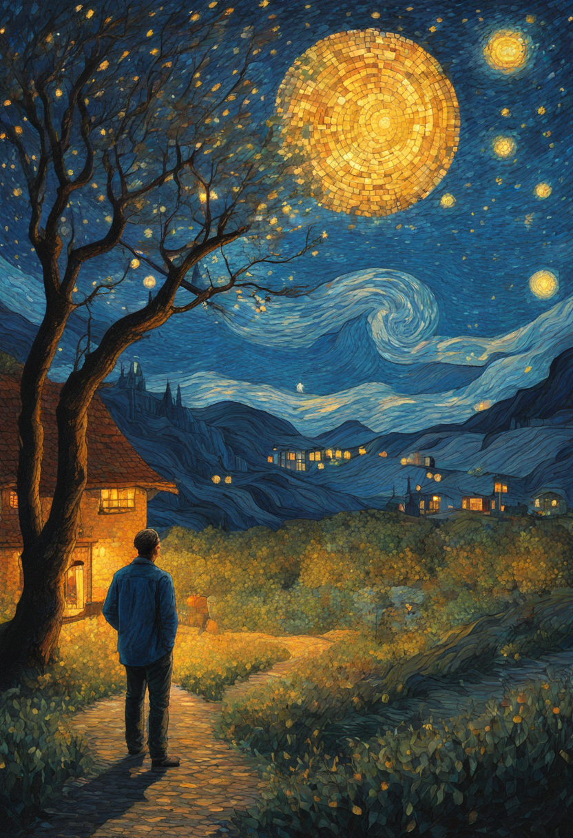 a man standing, looking at the time on the watch on his weist, looks Out, fireflies, soft glow of lantern, van gogh mosaic post impressioinist starry night sky, breathtaking_masterpiece_hyperr ealistic_artwork by AndroidJones, Jean Baptiste --ar 2:3 --model sdxl