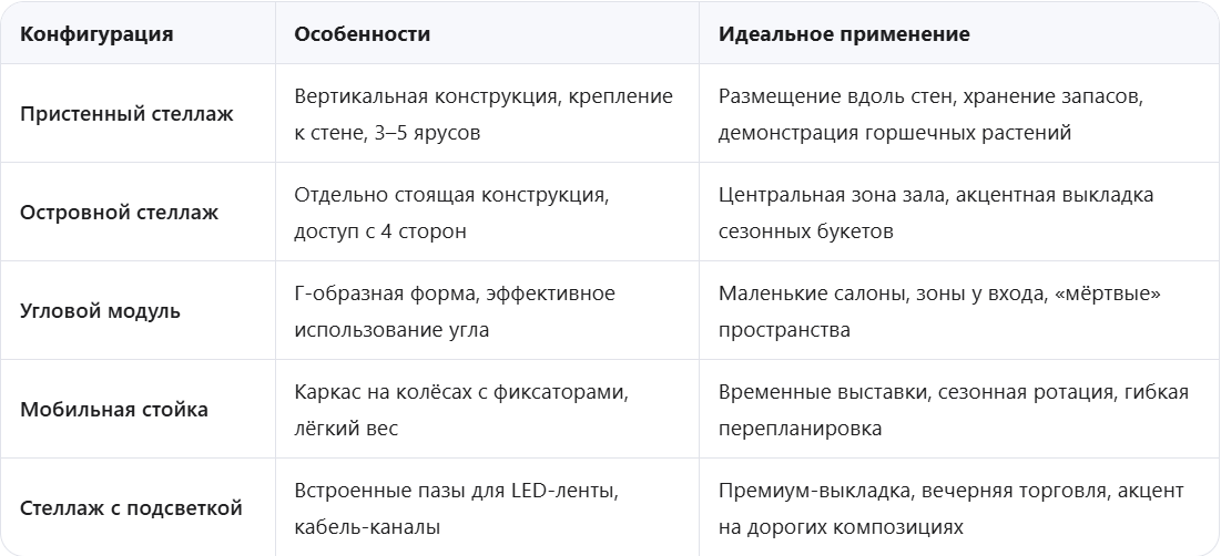 Сравнительная таблица конфигураций металлических стеллажей для цветочного магазина