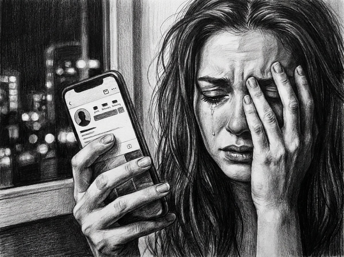 Девушка плачет, глядя в телефон