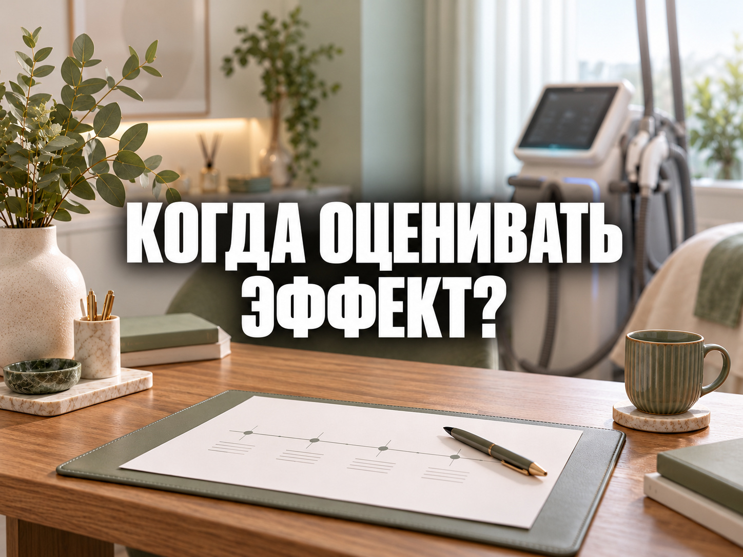 Тетрадь для фиксации изменений и кабинет лазерной эпиляции; по центру фраза «КОГДА ОЦЕНИВАТЬ ЭФФЕКТ?»