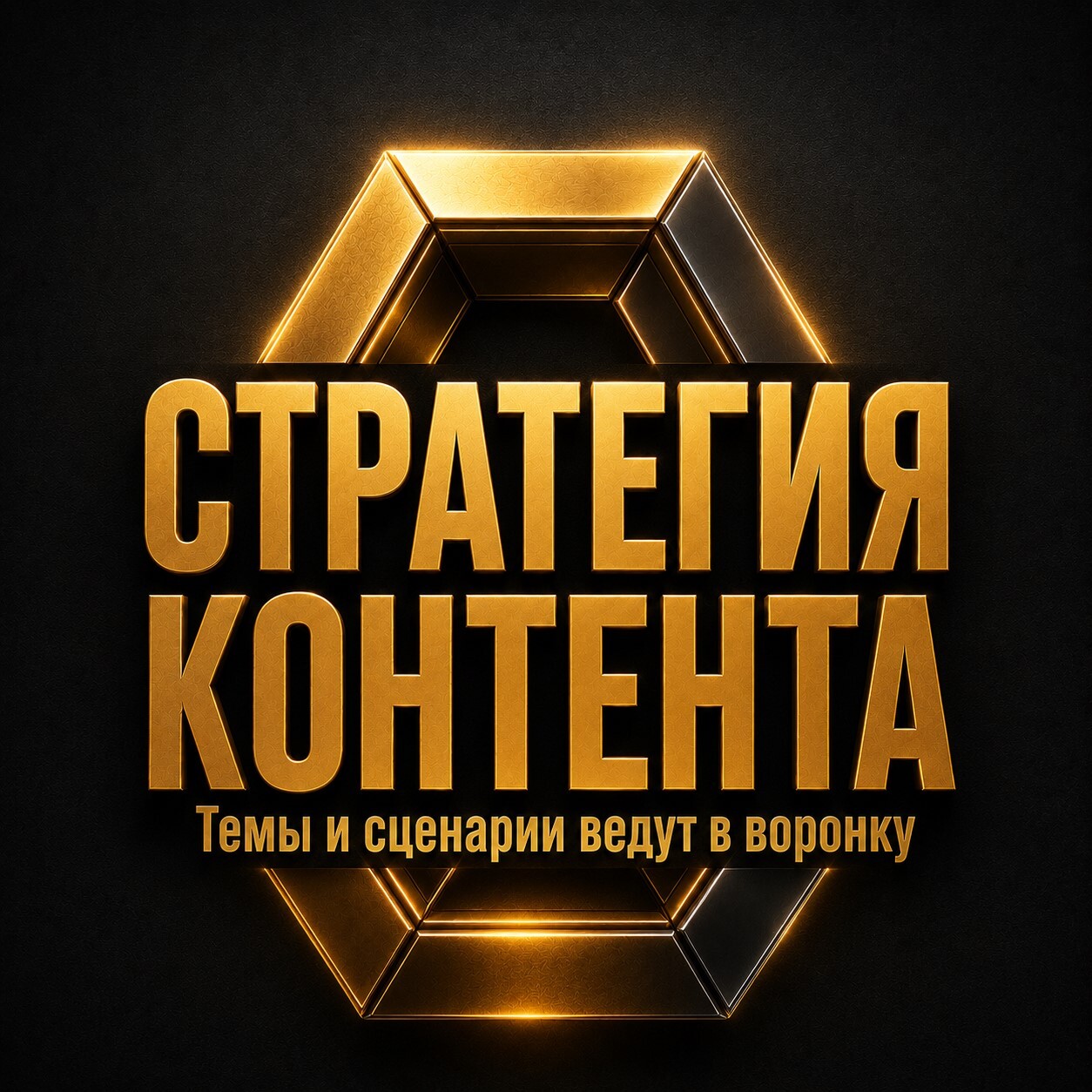 Золотая карточка с надписью «Стратегия контента» про темы и сценарии, которые направляют клиента в воронку продаж.
