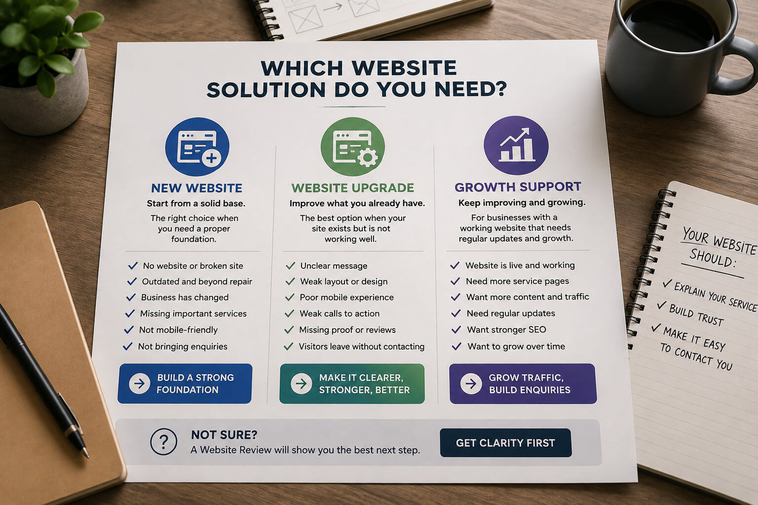 Small business website planning concept showing three paths: new website website upgrade and growth support