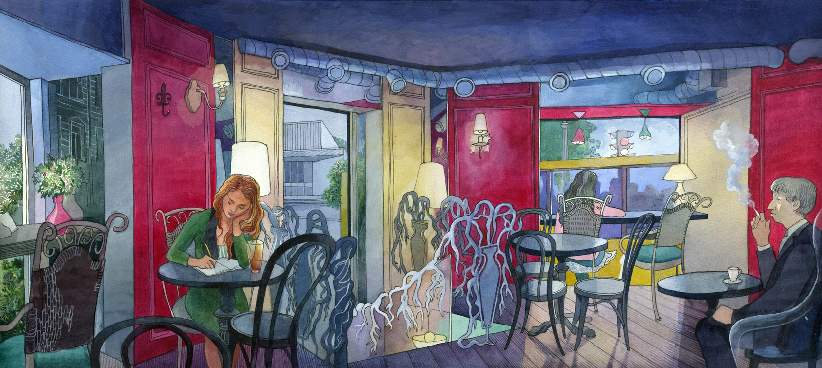 Alice and ron in a cafe now. Хозацкая Екатерина художник. Живопись в интерьере кафе. Кафе иллюстрация. Кафе рисунок.