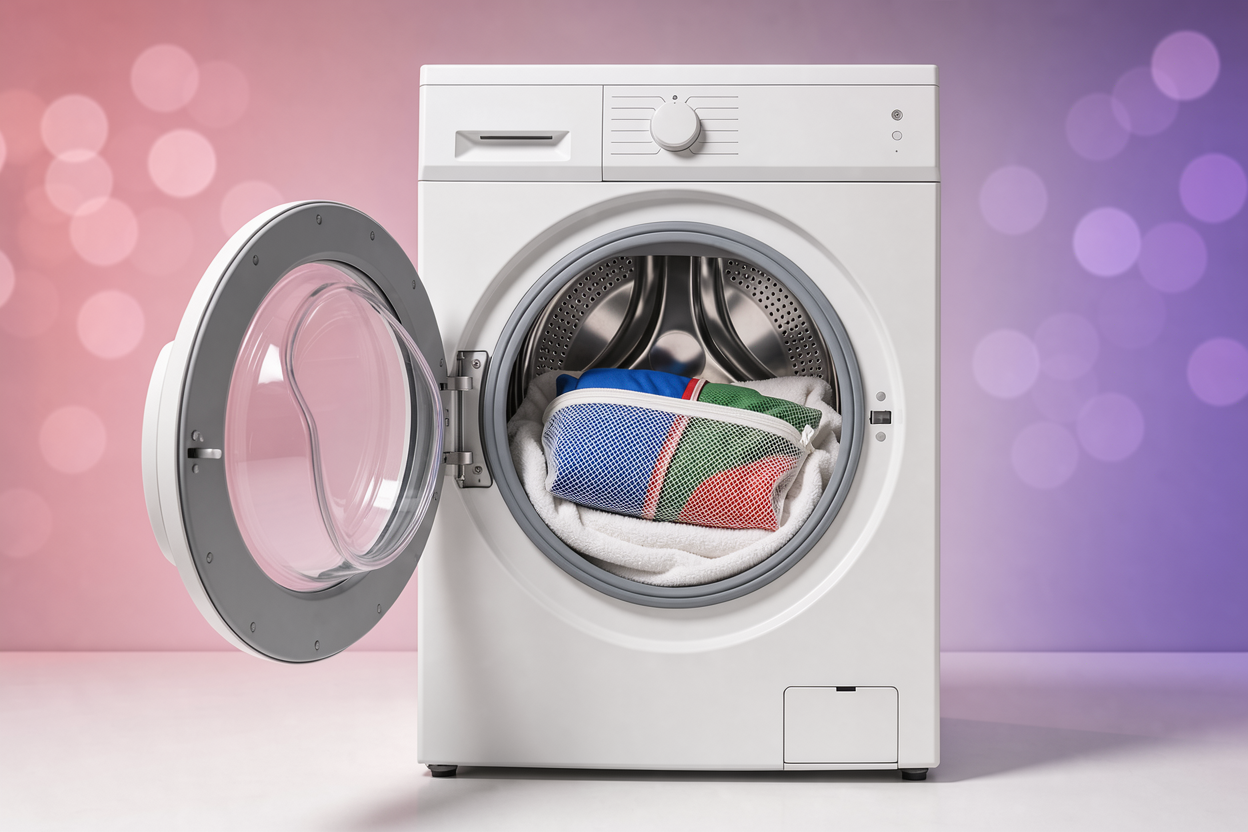 Front-load washing machine drum with a jacket placed inside a mesh wash bag together with a soft towel for cushioning