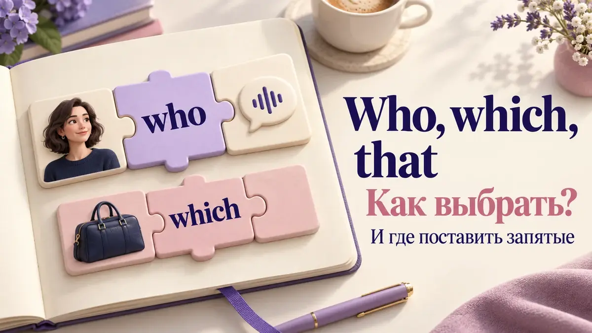 Детали пазла со словами who и which соединяют портрет и предмет в поясняющую конструкцию.