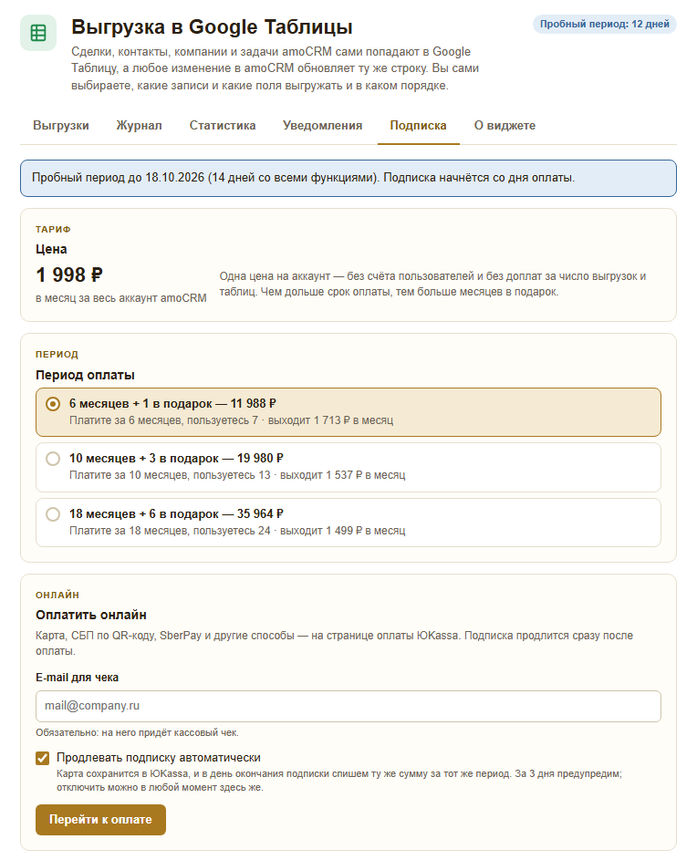 Вкладка «Подписка»: пробный период, цена 1 998 рублей в месяц за аккаунт, периоды оплаты 6+1, 10+3 и 18+6 месяцев, оплата онлайн