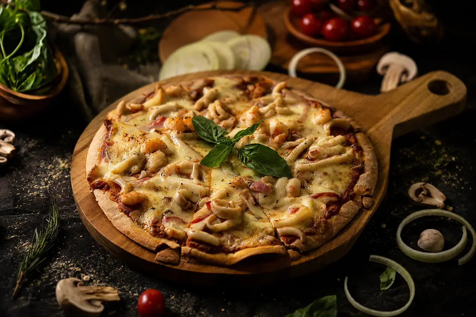 Seafood pizza with shrimp calamari mushrooms and melted cheese at Eden Uluwatu