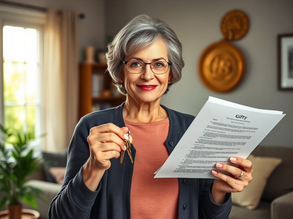 A mature woman confidently holding documents and apartment keys, symbolizing the deed of gift, stands against the backdrop of a cozy family home and legal protection elements. The central focus is on the inheritance transfer with conditions set to safegua