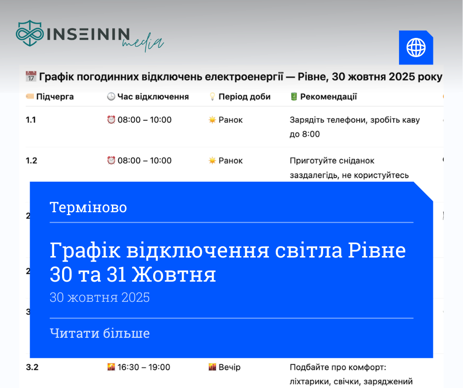 Графік відключення світла Рівне 30 та 31 Жовтня