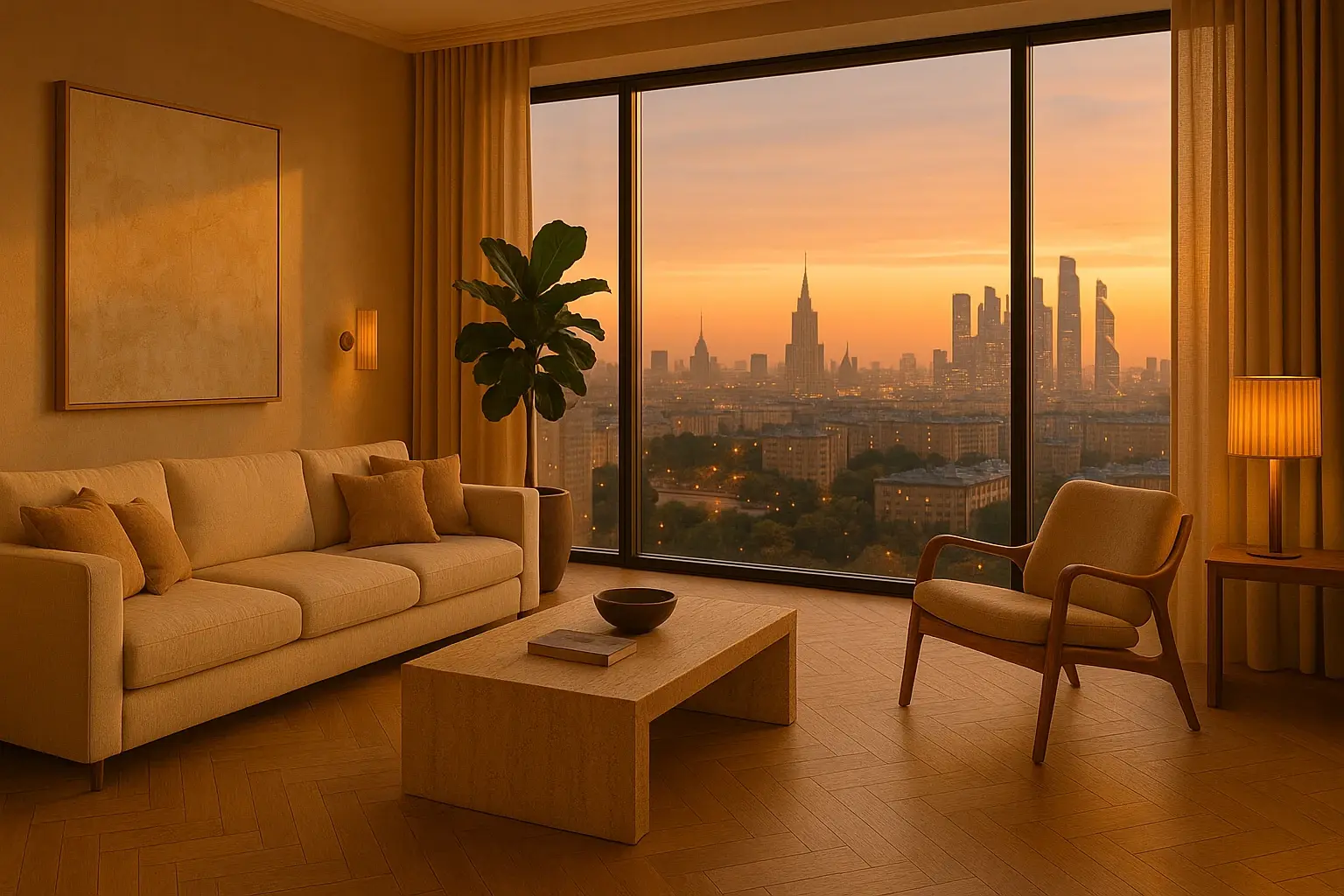 Альтернативный ракурс: гостиная с видом на Москву, закат, бежевые текстуры и латунные детали