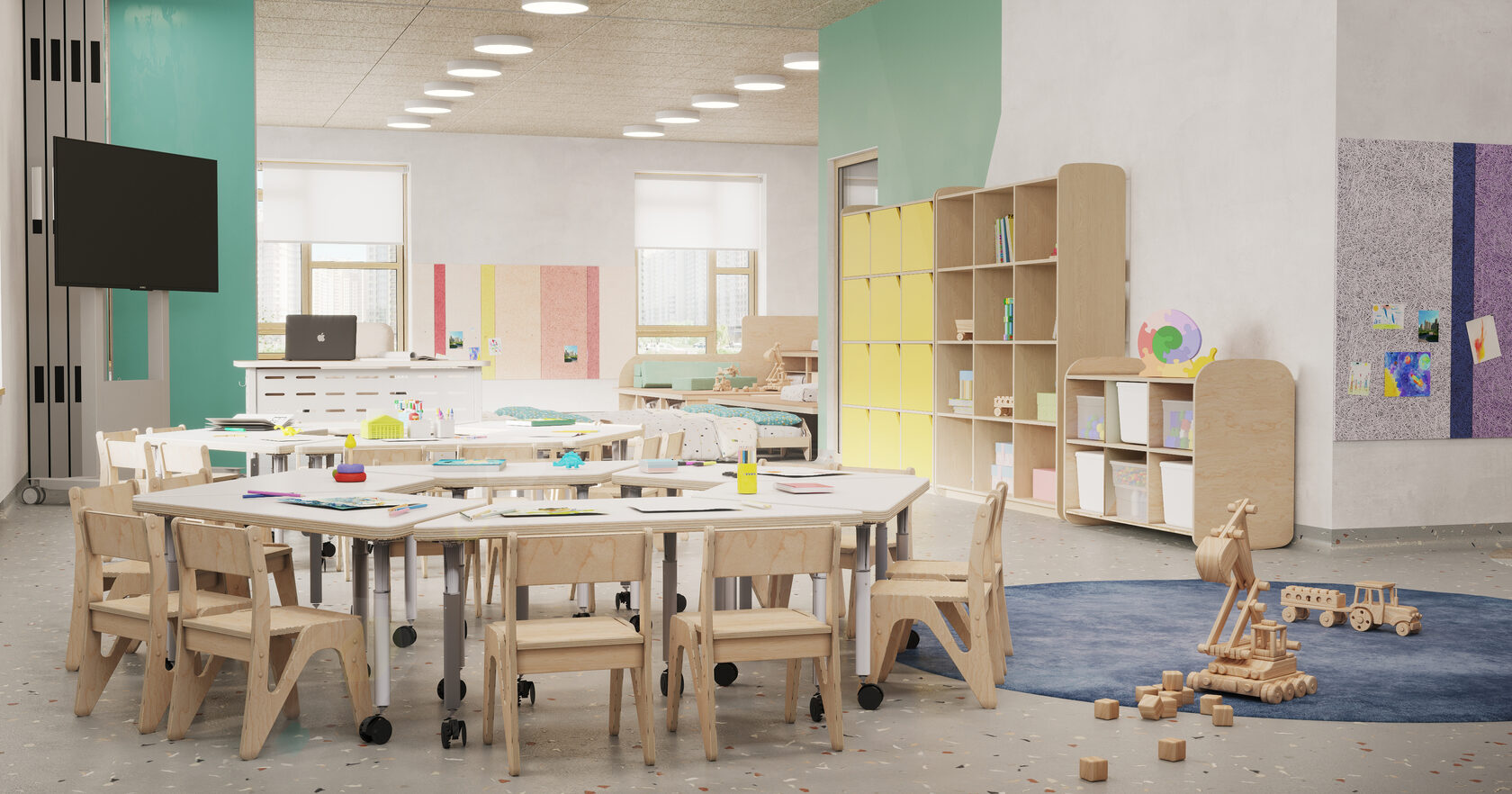 Яркий радужный интерьер в детском саду от дизайнеров студии Palatre & Leclere, Париж, Франция