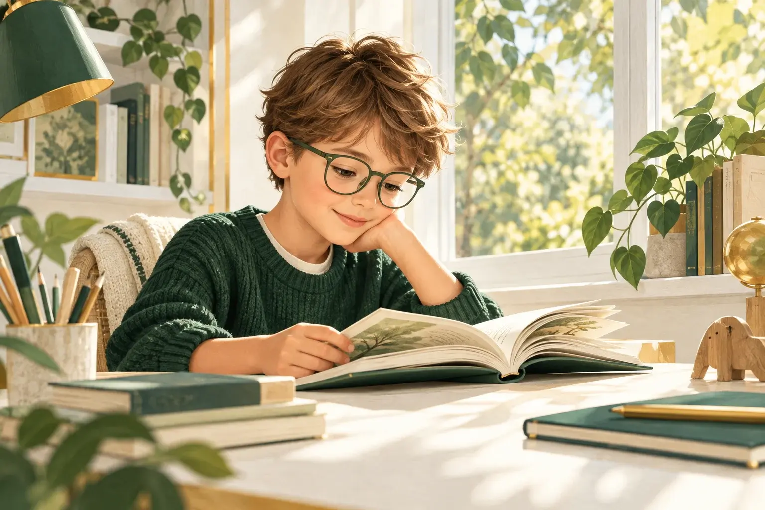 Редакционная иллюстрация: ребёнок в очках читает книгу у окна