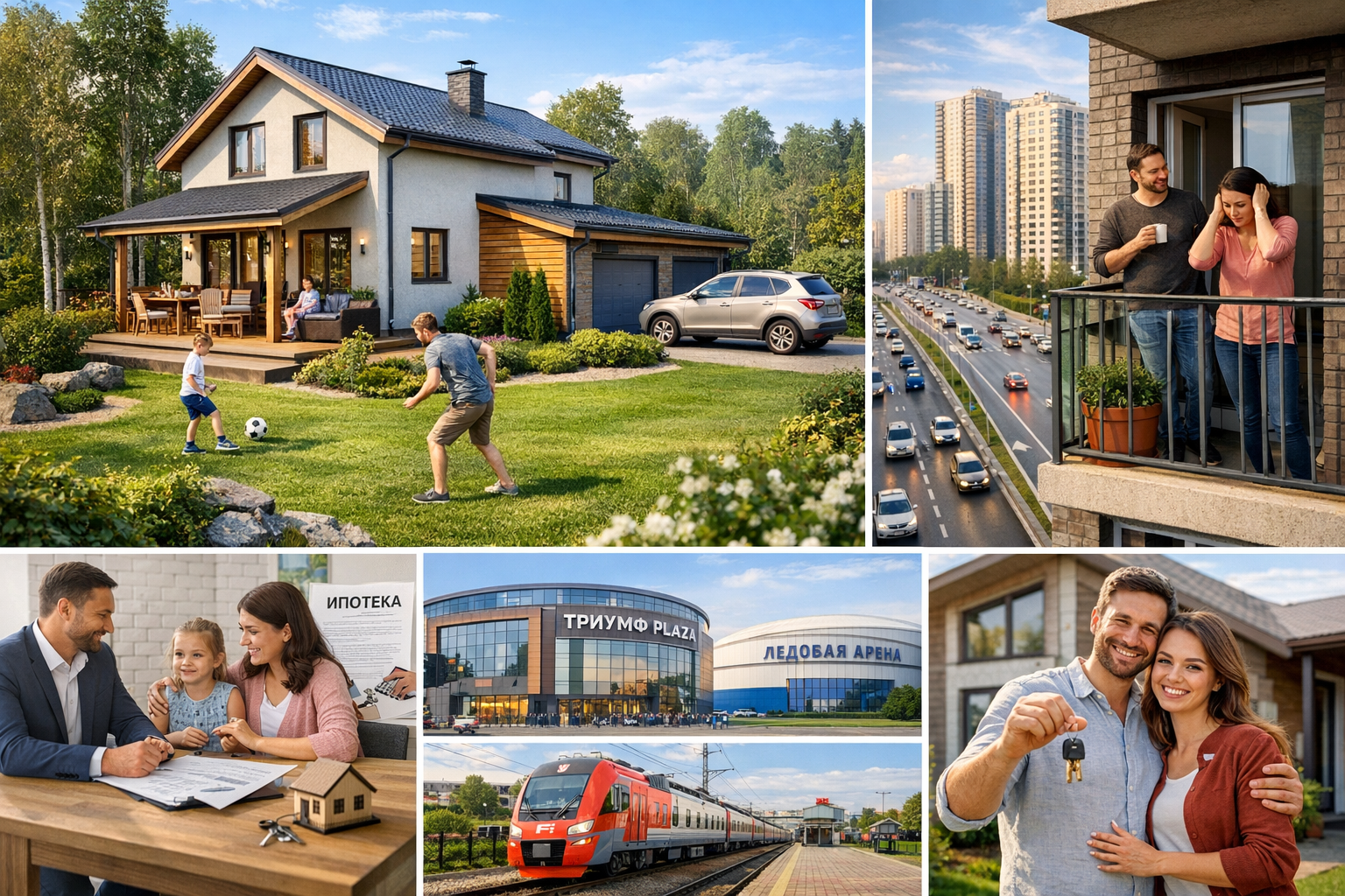 Сравнение загородного дома с участком и квартиры в городе: семья играет во дворе частного дома, пара на балконе многоэтажки, оформление ипотеки, инфраструктура Обнинска и счастливые владельцы нового дома.