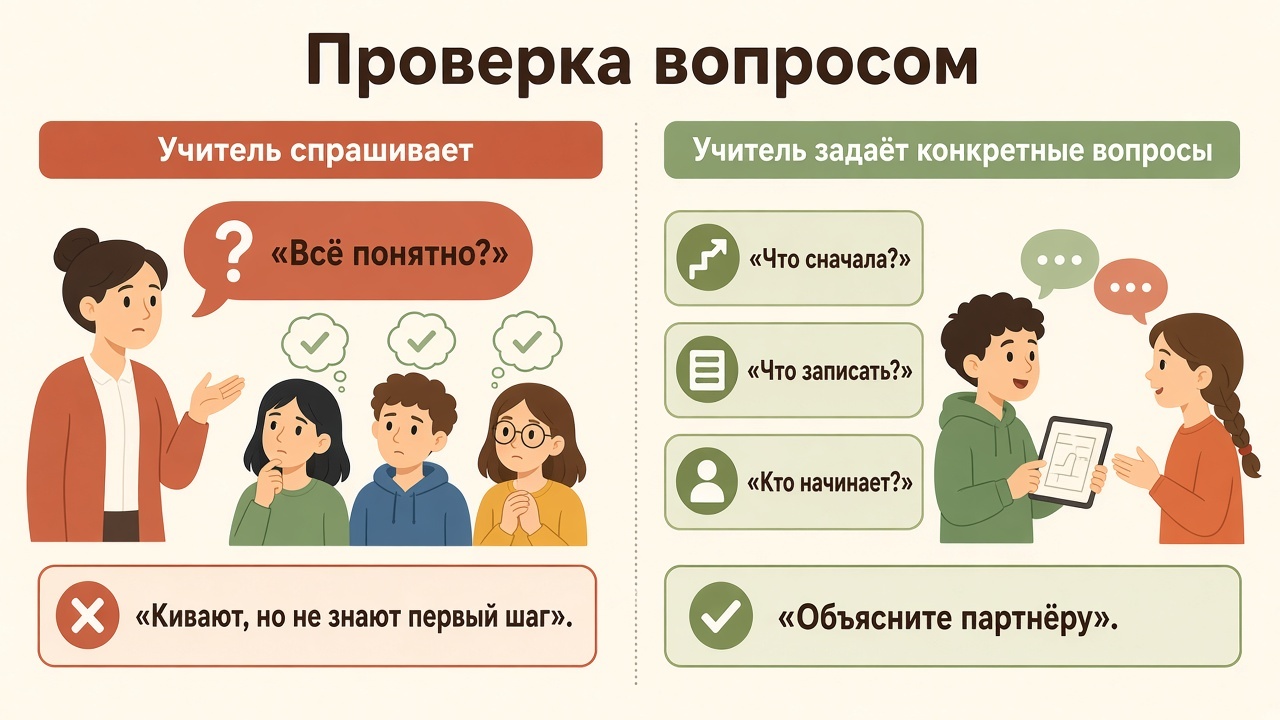 Слева дети кивают на «Всё понятно?», справа отвечают на конкретные вопросы и объясняют задачу партнёру