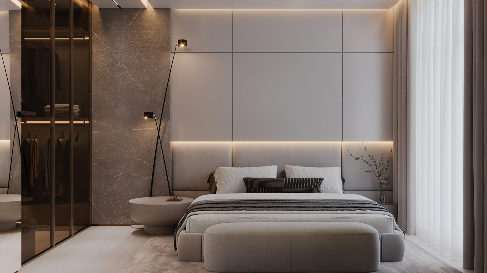 Дизайн интерьера спальни холостяка с подвесной кухней, камином и кожаными акцентами