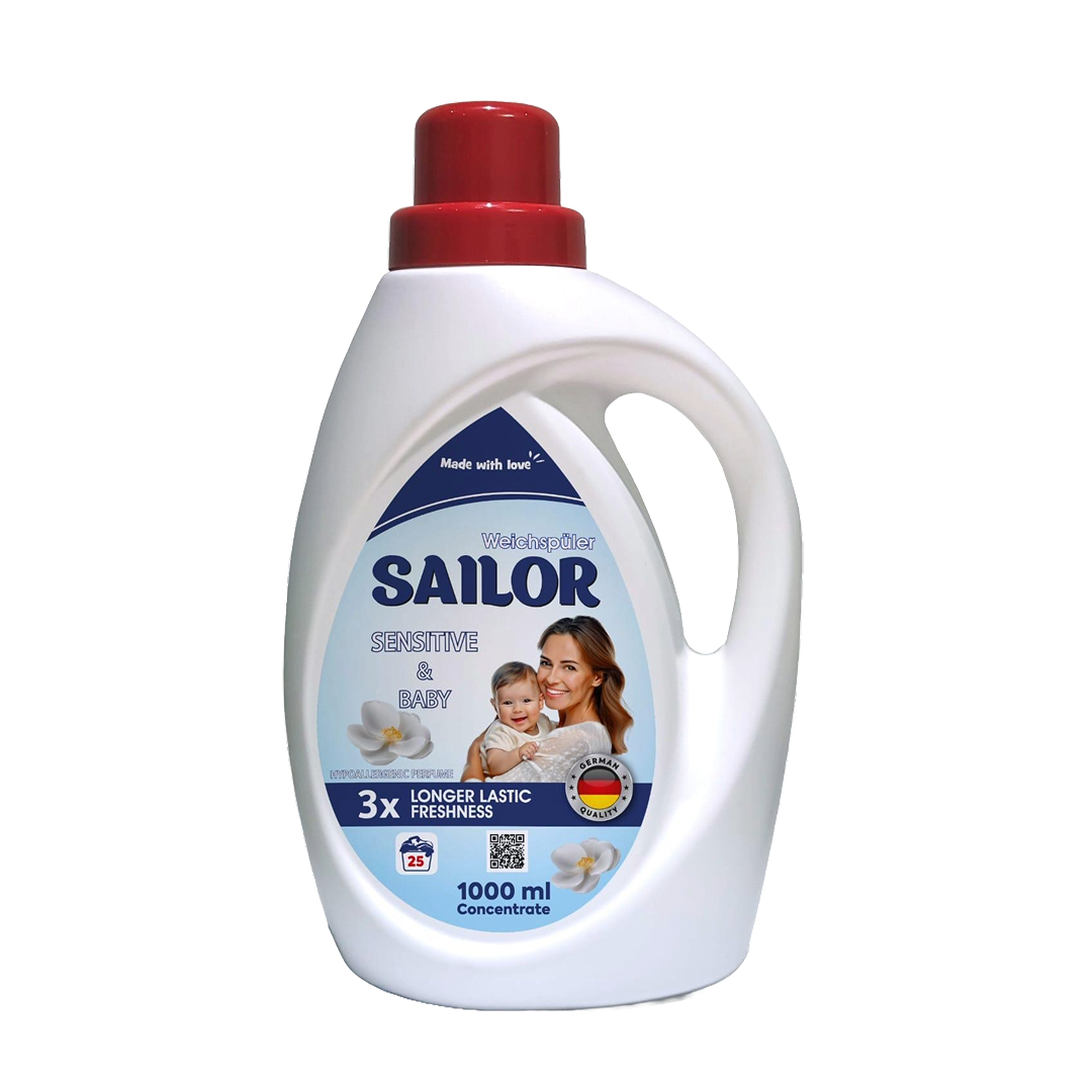 Sailor Sensitive &amp;amp;amp; Baby 1000 ml — польский гипоаллергенный кондиционер для белья, опт Европа Россия Беларусь Казахстан, альтернатива Lenor Sensitive Silan Sensitive