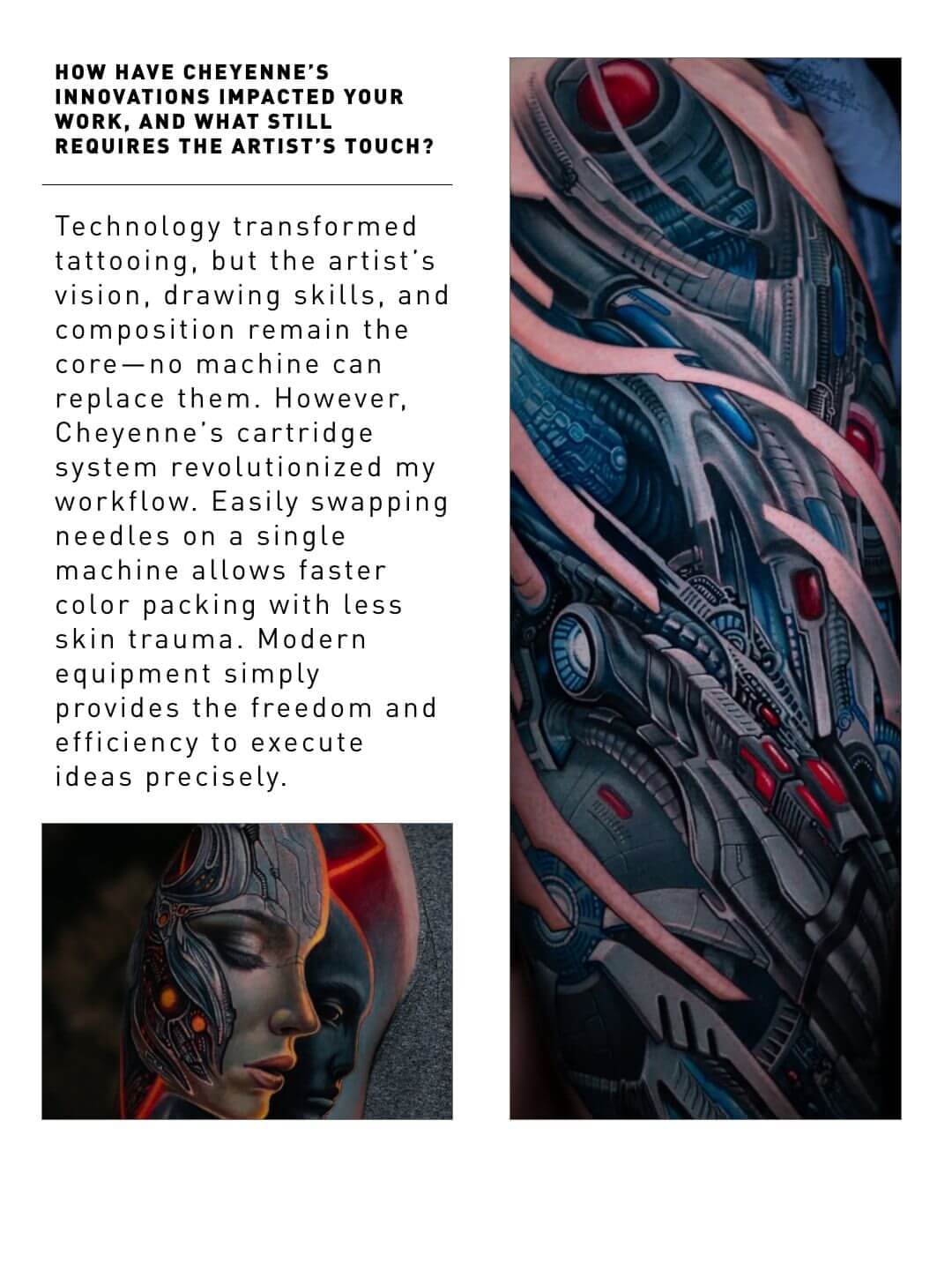 From Tomsk to Los Angeles: Rinat Mingazdinov in Conversation with Cheyenne Tattoo Equipment, detailed biomechanical tattoo artwork by Rinat Mingazdinov featured in an interview about Cheyenne professional tattoo equipment 507
