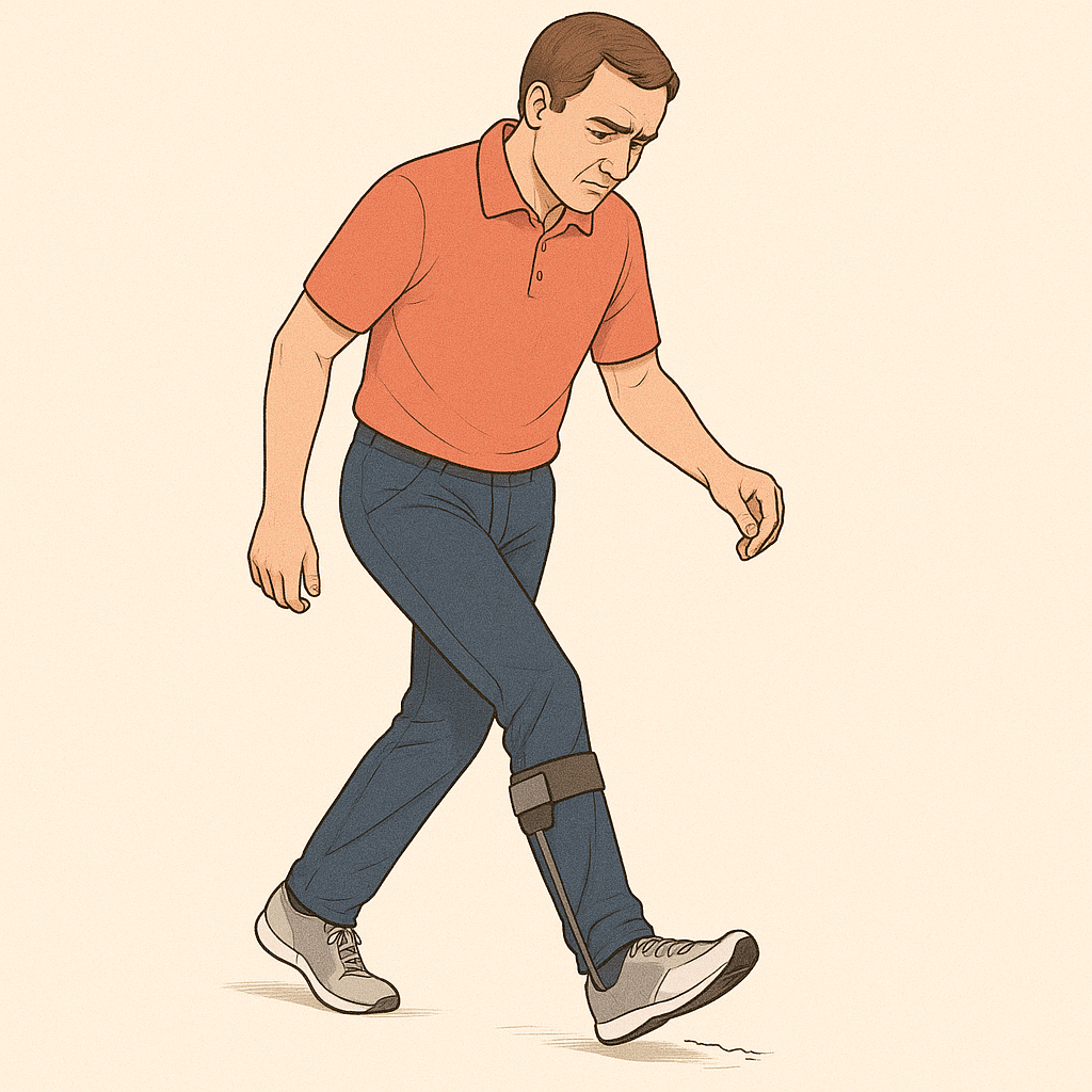 Нарушения ходьбы при рассеянном склерозе: мужчина с опусканием стопы и ортезом