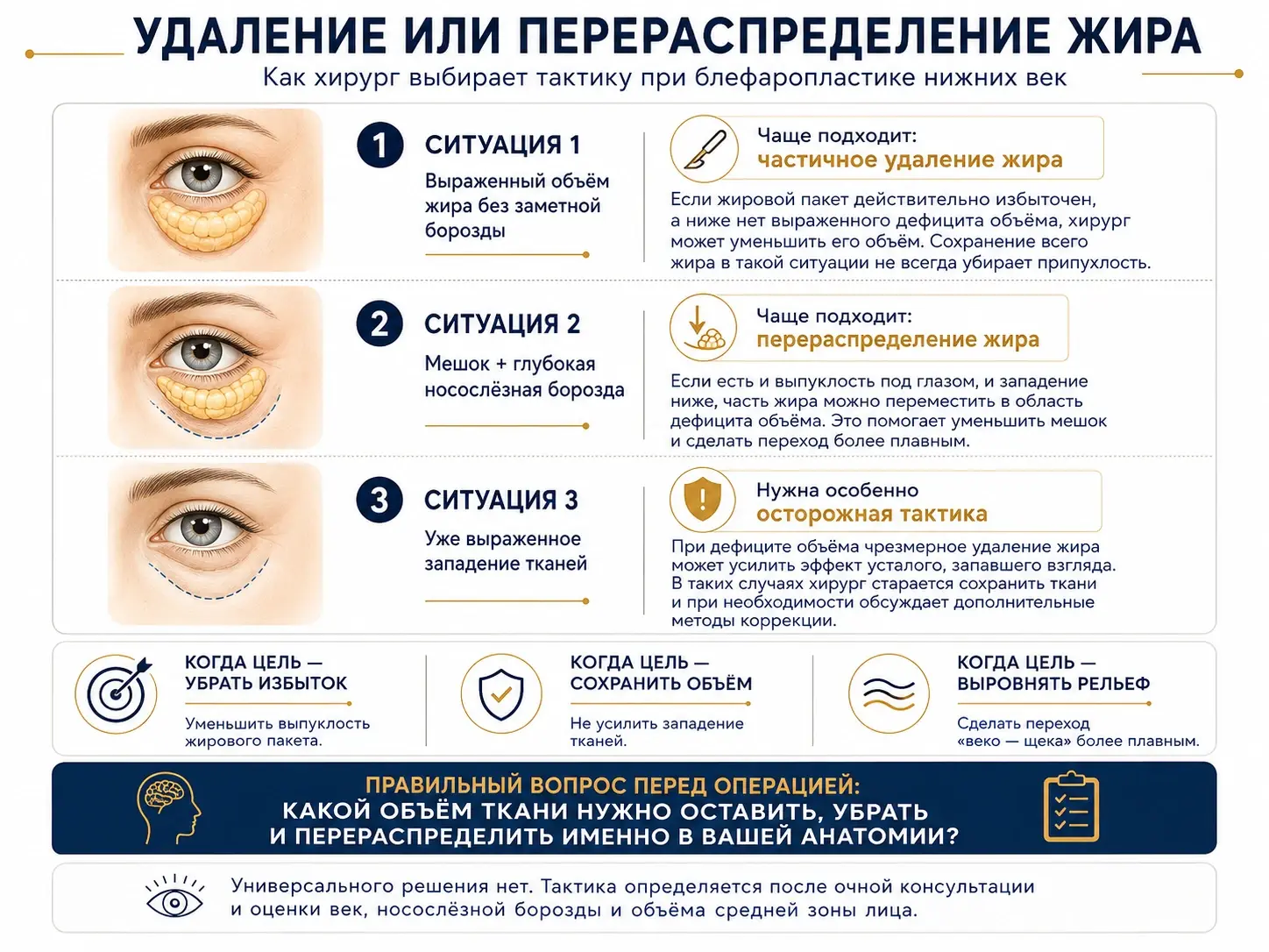 Удаление или перераспределение жира при блефаропластике нижних век