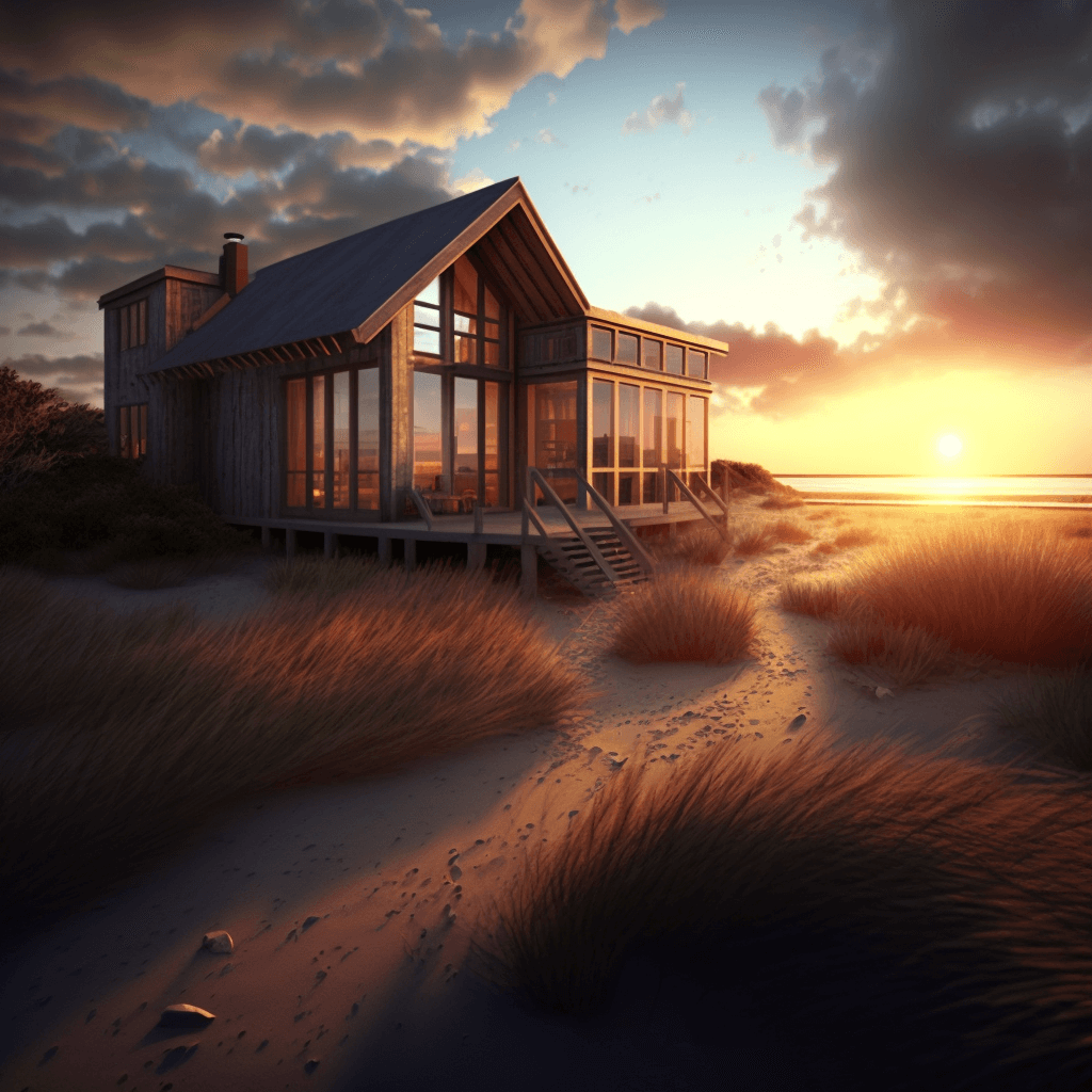 A beautiful, sunset-lit rendering of a beachfront property, created with V-Ray and SketchUp