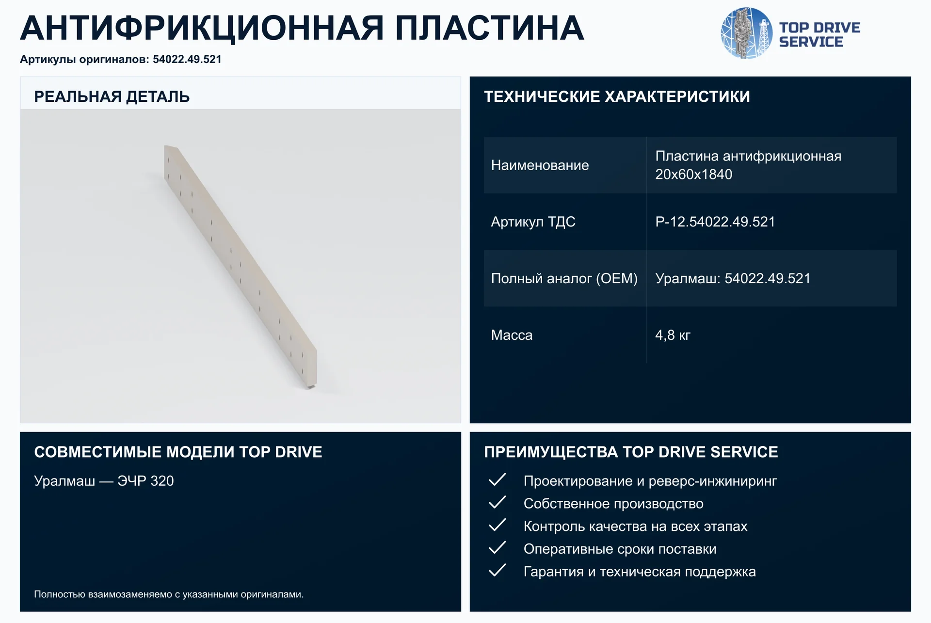 Пластина антифрикционная 20х60х1840 — OEM 54022.49.521
