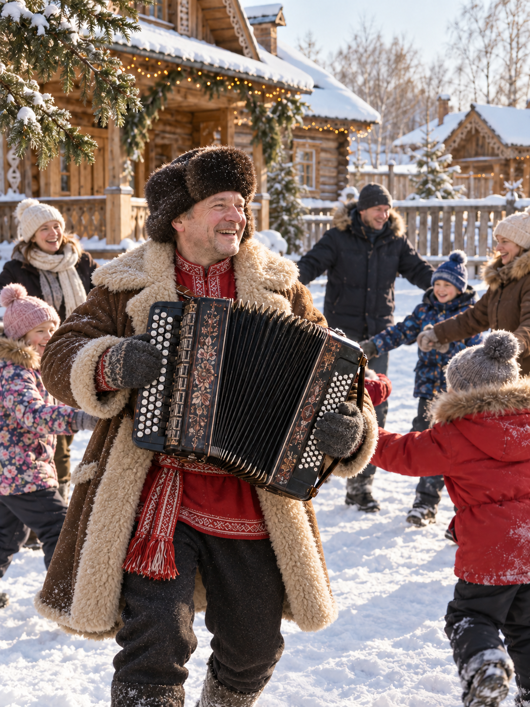 Новогодние гуляния с баяном на снегу в усадьбе
