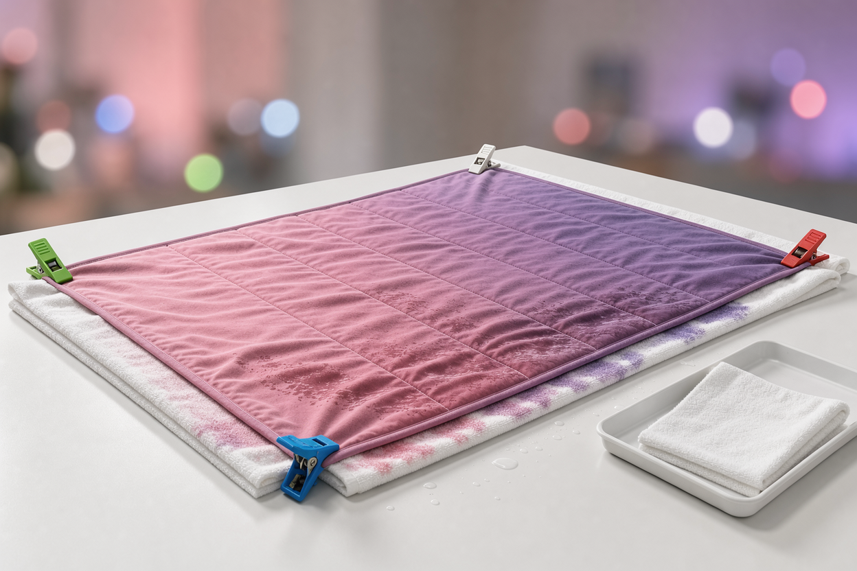 Mattress protector drying flat on a horizontal surface indoors in shade, clips holding fabric edges and a towel underneath to absorb moisture