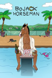 BoJack Horseman — постер мультсериала с конём Боджеком, сидящим у бассейна с бокалом в руке на фоне надписи Hollywood