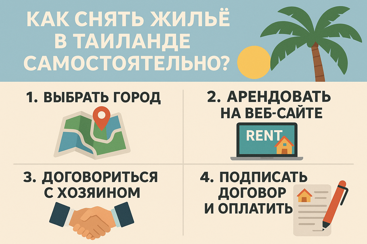 Мечтаете о жизни под пальмами или планируете зимовку в Таиланде? �� Снять жильё самостоятельно — реальная задача, если знать все тонкости и не попасть в ловушки, которые часто подстерегают новичков. Рассказываем пошагово, как арендовать квартиру или дом в