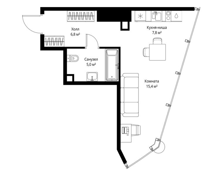 Планировка студии 35 м² в ЖК ONE: 51-й этаж