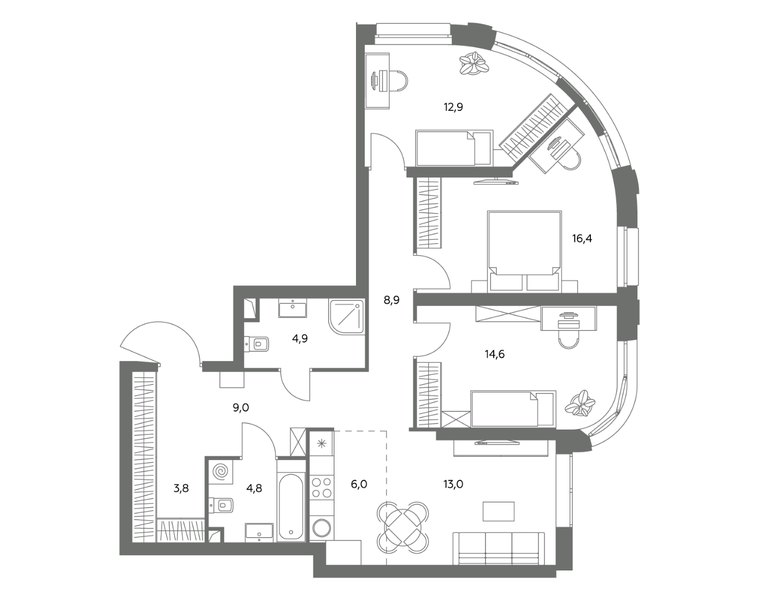 Планировка 4-комнатной квартиры 94,3 м² в ЖК «Адмирал»: корпус 1.1, секция 1, 12-й этаж