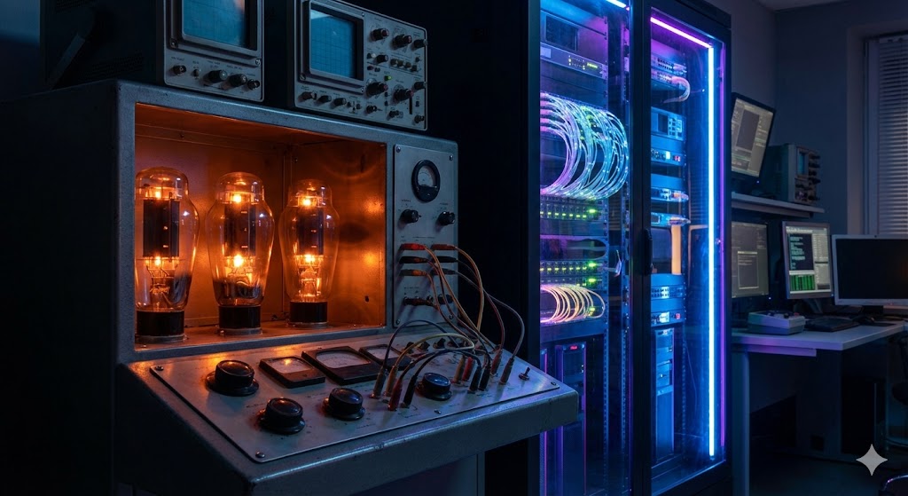 Контраст технологий: лампы компьютера ENIAC и современные серверные стойки