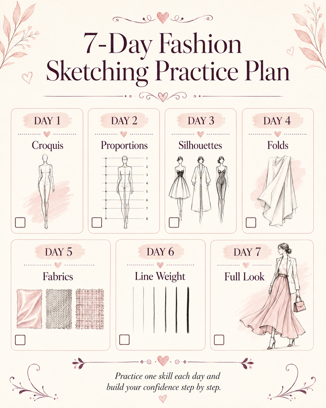 Seven day fashion sketching practice plan for beginners with daily sections for croquis, proportions, silhouettes, folds, fabrics, line weight, and full look.