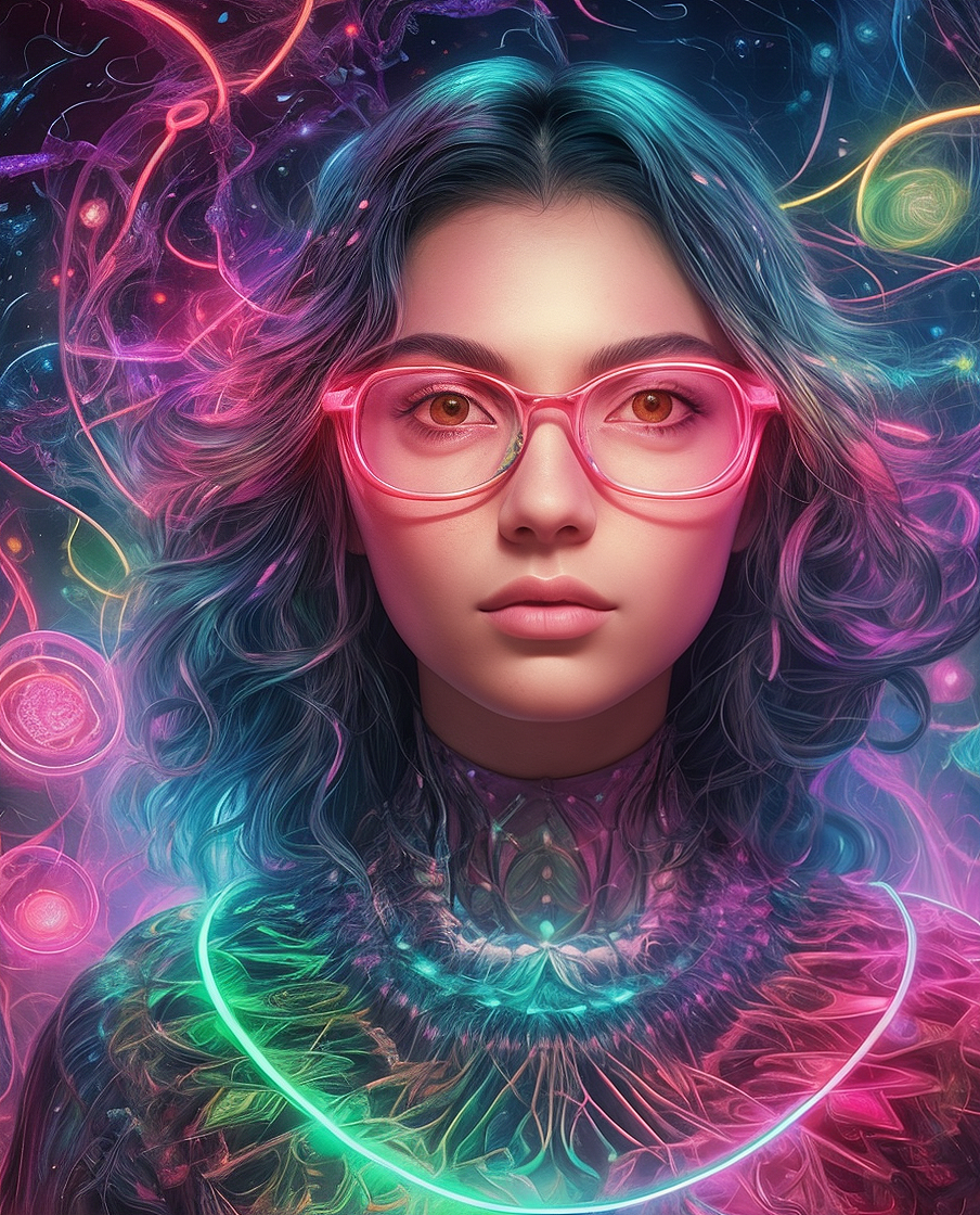 Phantasmal iridescent of [curly dark hair Latina woman with freckles and glasses with iridescent multicolored luminous eyes and hair], low light ambience aesthetics. Illustration, Synaptic Transmission, Phasomelic Plasomelic, Synaptic Lightning, Fluorescent Paint, Quarkonium, Nanoclay, Lumimelic, Aquamelic, Bioluminescent, Biolumiphile, Biolumiphile Fluorescentdots, Nucleotidescape, Lumidots, 32k, uhd. in Katsuhiro Otomos anime NIJI style, hyper - detailed, inventive character designs, saturated color field --cfg 3 --ar 4:5